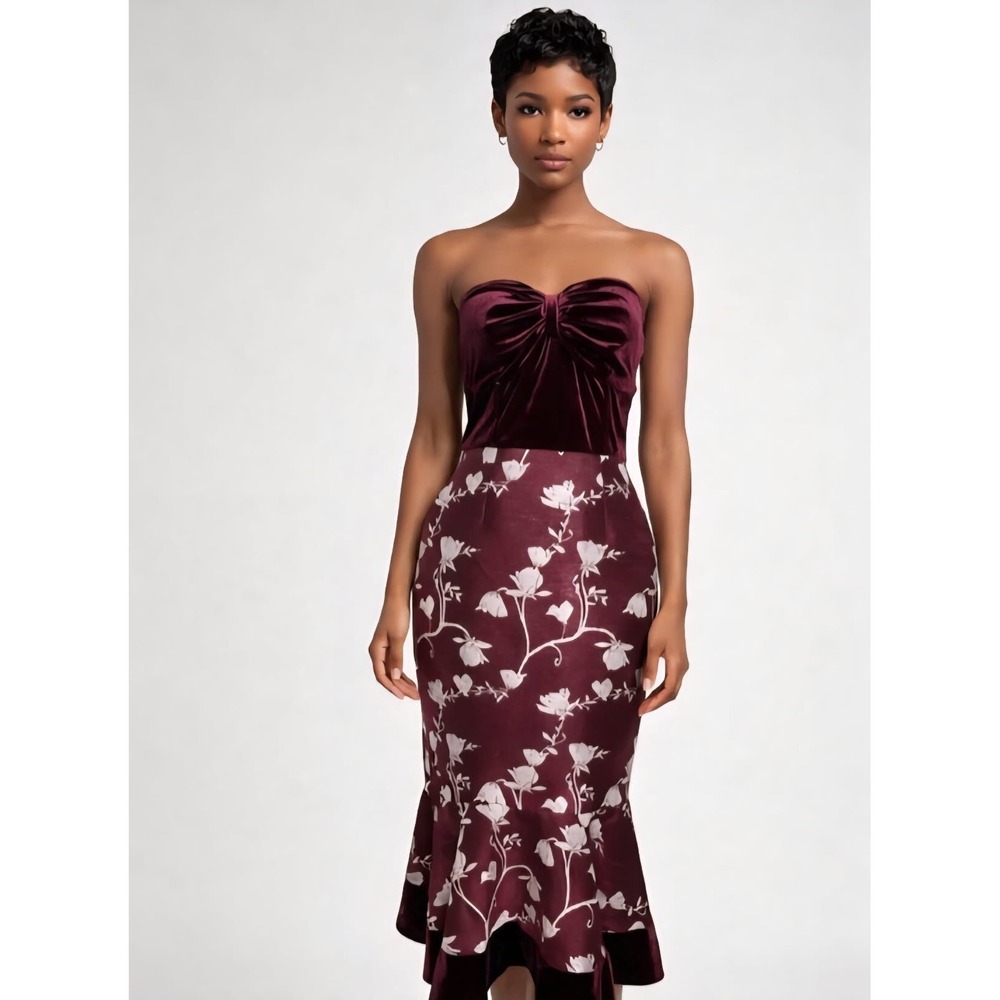 Gianni Bini Burgundy Velvet Floral Mermaid Trumpet Evening Gown Size S